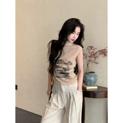 美式复古印花无袖背心针织衫女夏辣妹小众修身显瘦套头上衣