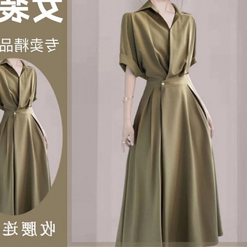 广州十三行醋酸缎法式衬衫时尚连衣裙女年夏季感气质长裙
