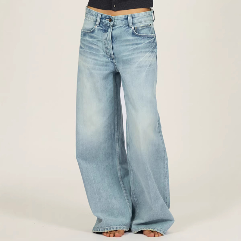 Fax Copy Light Blue Washed Claw Scratch Cotton Straight-Leg Pants Gardener Denim Loose Wide-Leg Pants for Women Fax Copy Light Blue Washed Claw Scratch Cotton Straight-Leg Pants Gardener Denim Loose Wide-Leg Pants for Women