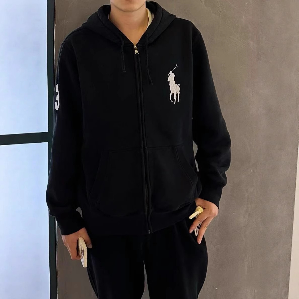 High-quality RL Ruff embroidered pony logo new classic zip-up sporty hooded sweatshirt jacket.