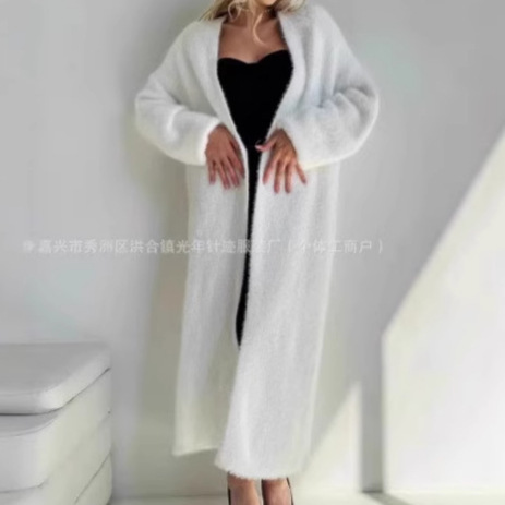 Customized Processing of Cross-Border Faux Mink White Knit Cardigan Coat for Women, Fluffy Long Faux Mink Thickened