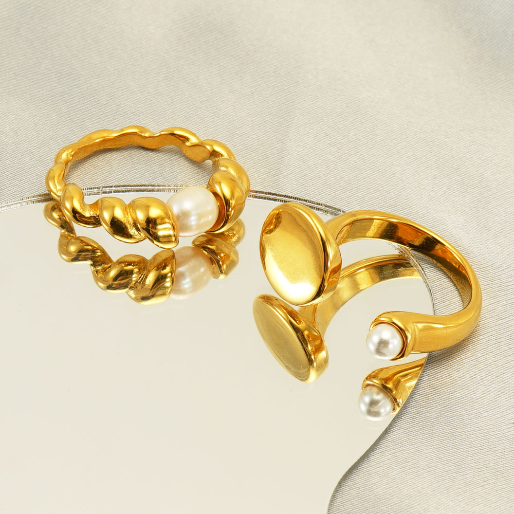 304 Stainless Steel Material Wholesale Jewelry Simple Style Geometric 304 Stainless Steel Pearl 18K Gold Plated Inlay Open Rings