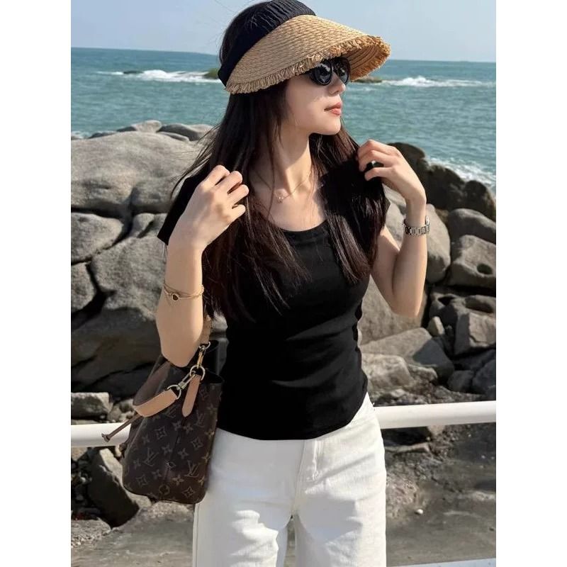 Black Large Neckline Short-Sleeve T-Shirt for Women, Summer Cotton Basic U-Neck Slim Fit Top