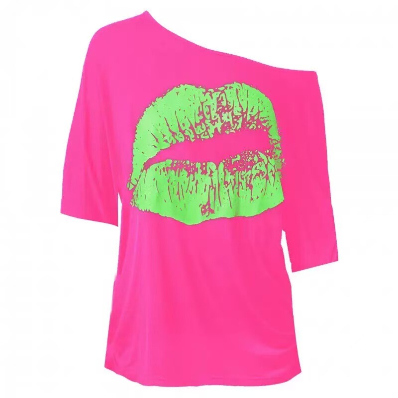 European and American Cross-Border Summer Loose-Fitting T-Shirt, Nostalgic Retro 80S Clothing, Lip Print, One-Shoulder Hot Girl T-Shirt European and American Cross-Border Summer Loose-Fitting T-Shirt, Nostalgic Retro 80S Clothing, Lip Print, One-Shoulder Hot Girl T-Shirt