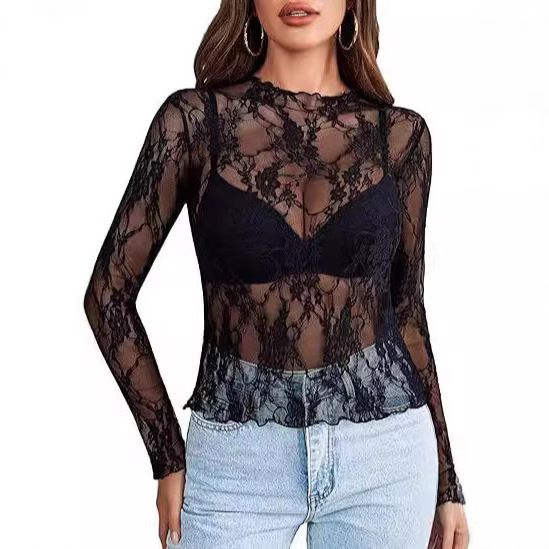 2024 new lace women's blouse long sleeve collar transparent shirt perspective floral lace blouse. real shot