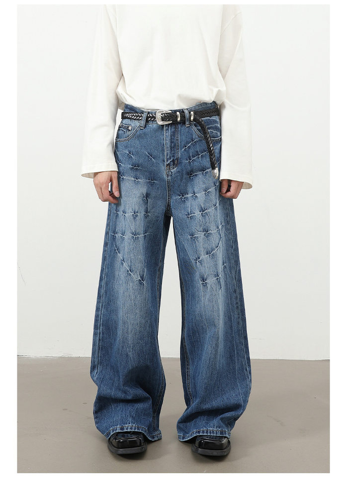 Quần jeans nam dáng rộng ống thẳng họa tiết sét chất liệu washed phong cách đường phố — màu xanh, màu xám đen chi tiết 16