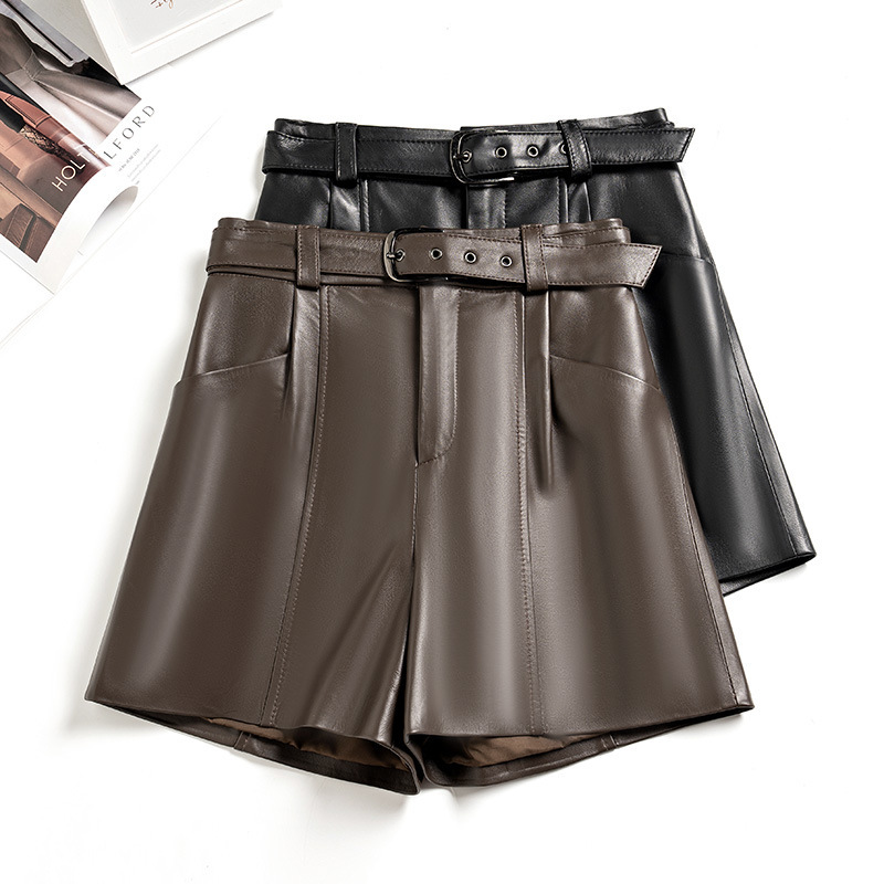 Genuine Leather Shorts for Women 2026 Spring and Autumn New Style Sheepskin High-Waisted Slimming Straight-Leg Pants Casual Versatile Belt Three-Quarter Pants