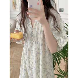 实拍2026夏季新款宽松印花短袖女家居服睡衣碎花睡裙女外贸批发