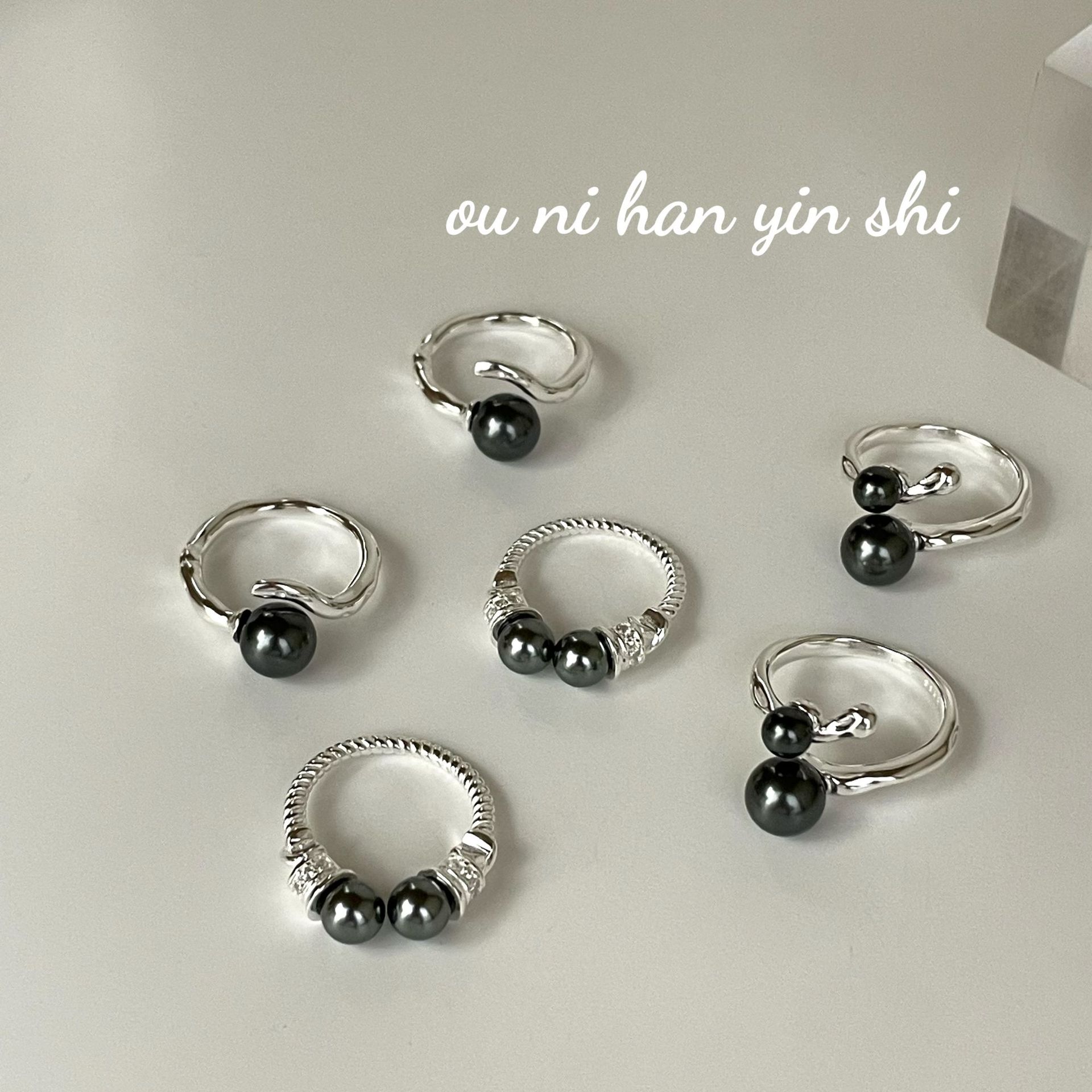 歐尼韓S925純銀不規則麻花灰色珍珠戒指女簡約小眾設計輕奢開口戒