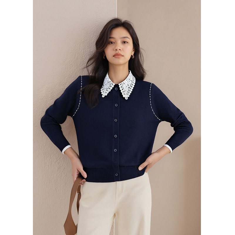 Designed Hook Pattern Cut Out Polo Long-Sleeved Knitted Cardigan for Women 2025 Autumn and Winter New Woolen Fashion Top