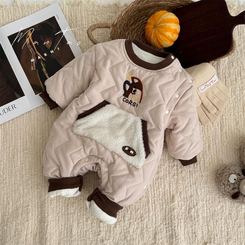 Ropa coreana para niños, ropa de invierno, mamelones gruesos y cálidos, dibujos animados, cachorros lindos con la cabeza inclinada, una pieza