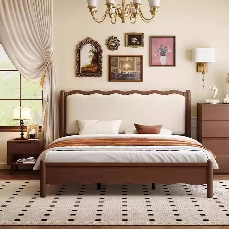 Solid Wood Bed Nordic Retro Double Bed Korean Wave Bed Mid-Century Style Bed French Bed Simple Soft Package Wedding Bed Bedroom Solid Wood Bed Nordic Retro Double Bed Korean Wave Bed Mid-Century Style Bed French Bed Simple Soft Package Wedding Bed Bedroom