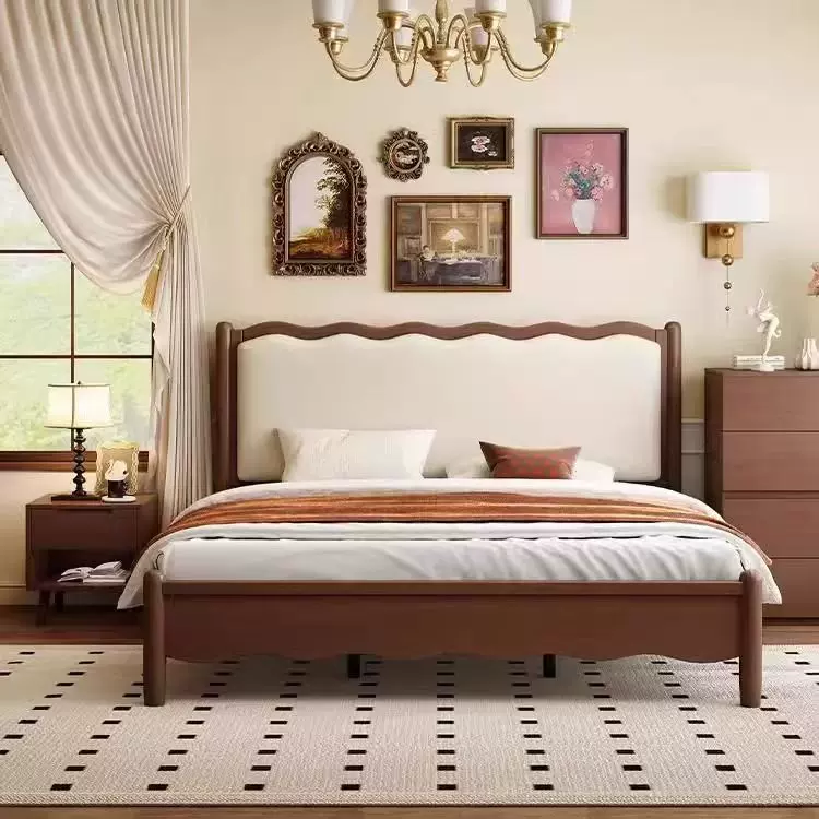 实木床北欧复古双人床韩式波浪床中古风床法式床简约软包婚床卧室