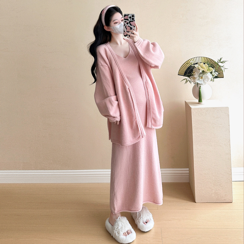 孕妇装秋冬季连衣裙套装宽松时尚潮妈新款减龄显瘦开衫针织长裙子|undefined
