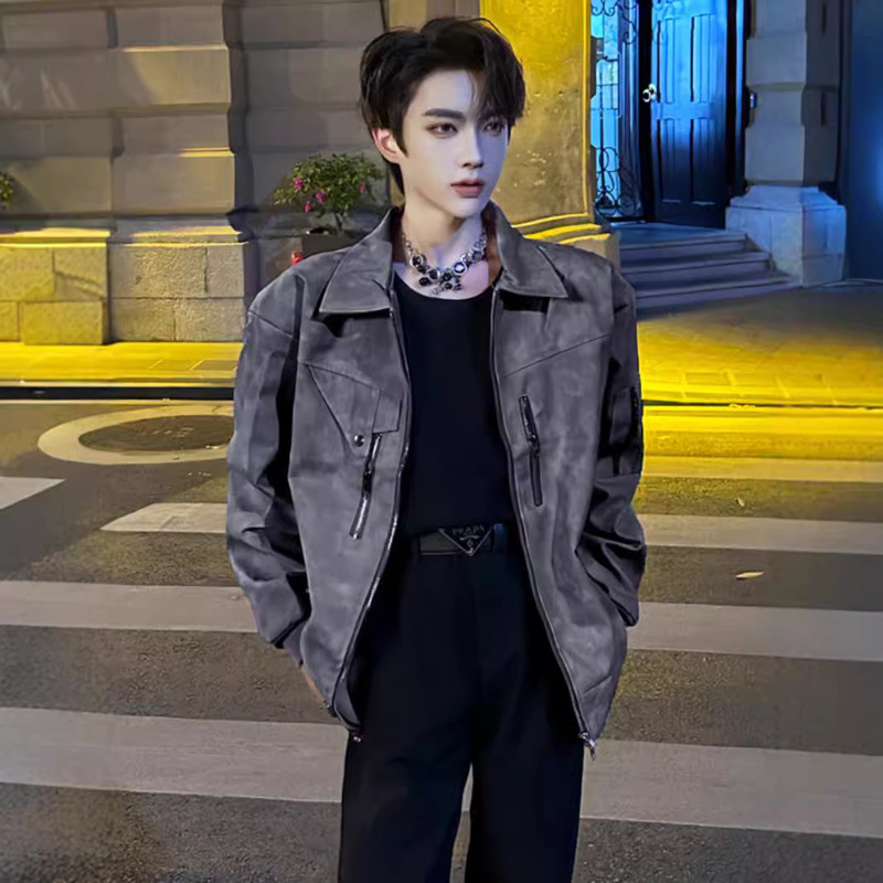 American Retro Zippered Tie-Dye Leather Jacket for Men, Relaxed and Handsome Biker Jacket, Vintage Bomber Jacket