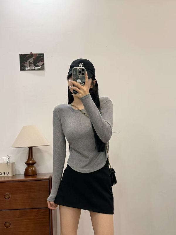 布小九/圆领褶皱收腰打底衫女生修身长袖纯色百搭圆领长袖T恤上衣|undefined