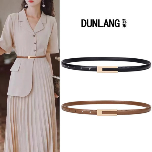 Fine Waist Lady Genuine Leather Belt 2025 Matching Dress Pants Stylish Versatile Black Jeans with Formal Gown