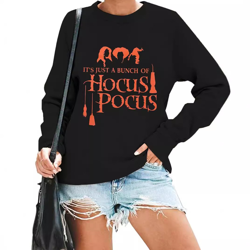 Amazon European and American plus size terry Halloween sweater Hocus Pocus printed foreign trade ladies crew neck sweater