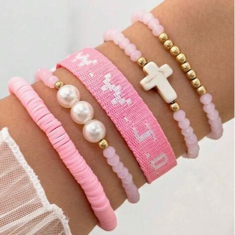 Cross-border Pink 5-piece WWJD Bracelet Women's Fashion Personality Cross Imitation Pearl Beaded Elastic Bracelet suit Cross-border Pink 5-piece WWJD Bracelet Women's Fashion Personality Cross Imitation Pearl Beaded Elastic Bracelet suit