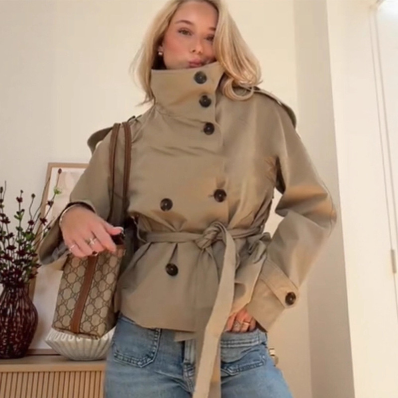 European and American Cross-Border Export 2025 New Autum Women's Elegant Stand-Up Collar Lace-Up Double-Breasted Short Windbreaker Jacket European and American Cross-Border Export 2025 New Autum Women's Elegant Stand-Up Collar Lace-Up Double-Breasted Short Windbreaker Jacket