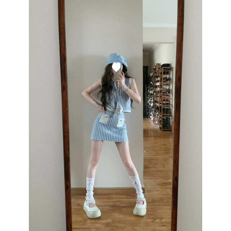 Морская соль мяты синий белый полосатый трикотажный костюм женский поло-воротник без рукавов жилет юбка