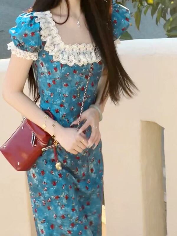 French-Style High-End Blue Floral Square-Neck Dress for Women, 2025 Summer New Model with Puff Sleeves and Lace Long Dress French-Style High-End Blue Floral Square-Neck Dress for Women, 2025 Summer New Model with Puff Sleeves and Lace Long Dress