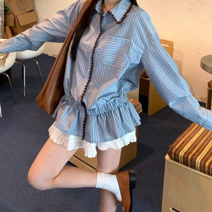 设计感撞色条纹长袖衬衫女装2025新款秋季小众休闲宽松POLO领上衣|undefined