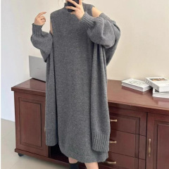 大码胖mm350斤慵懒风中长款毛衣开衫女秋冬宽松打底针织裙两件套