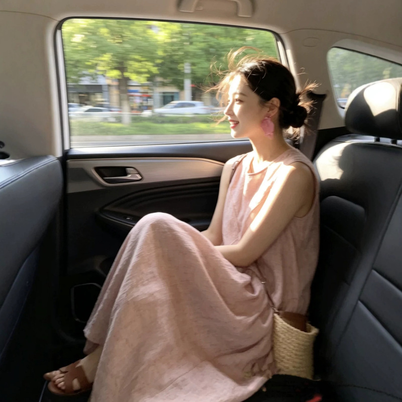 Smoked Floral Pattern Sleeveless Gentle Style Ramie Dress for Women, Summer French Long Dress D0602