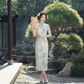 新中式江南风2026旗袍女收腰无袖长款修身气质显瘦长款国风连衣裙