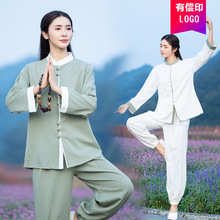 中国风禅修行女打坐瑜伽服棉麻套装宽松茶服女装太极服居士养生服
