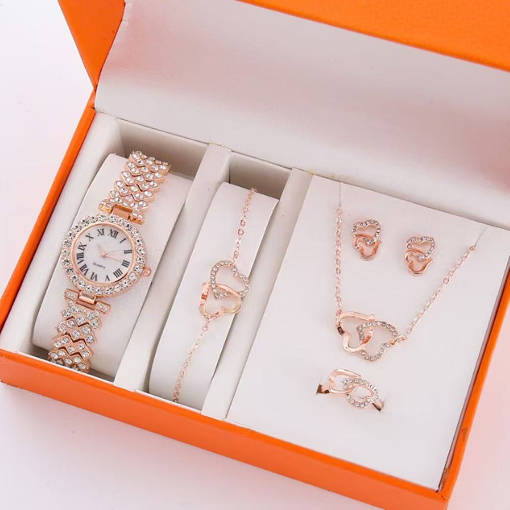 Rose gold roman watch + double love set