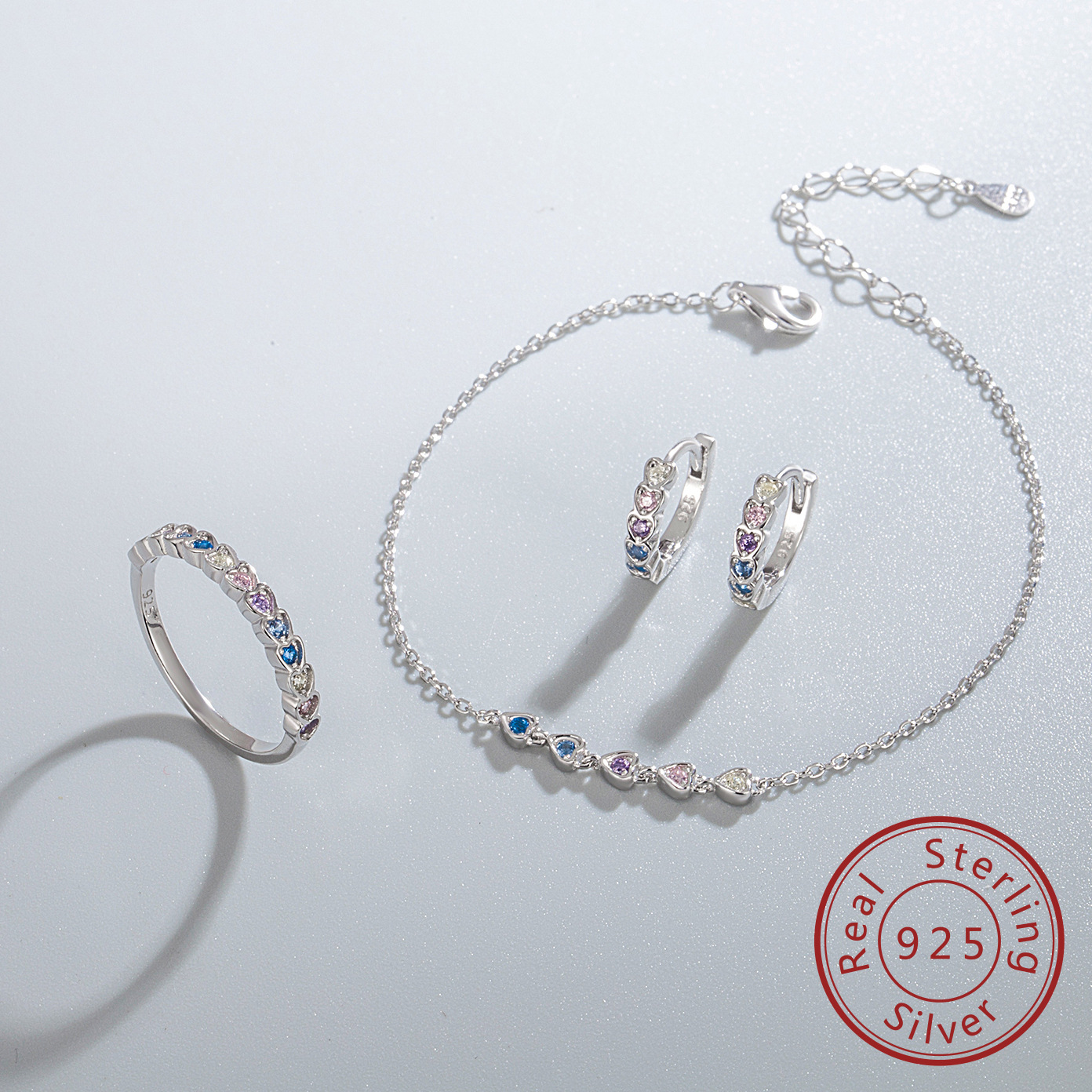 7g Weight S925 Sterling Silver Color Zirconium Love Jewelry Suit Heart-Shaped Bracelet Zircon Stud Earrings Silver Jewelry