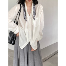 【福利款 不退换】江左 高级感V领配丝巾衬衫女小众休闲衬衣 1686