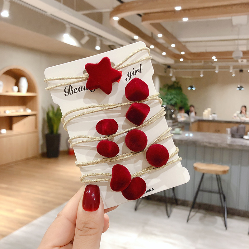 Otoño e Invierno retro banda de goma accesorios para el cabello femenino amor estrella pelo anillo terciopelo rojo todo partido bola cabeza pelo cuerda al por mayor