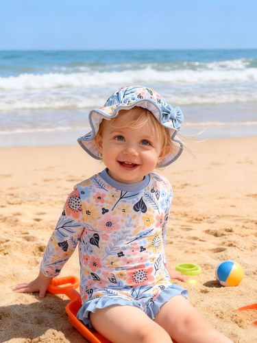 Cross-border baby girl children long-sleeved snap-on swimsuit one-piece with same series sunshade hat seaside vacation long-sleeved swimsuit women