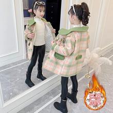 韩国童装秋冬新款中大女童学院风英伦格子毛呢外套中长款夹棉大衣