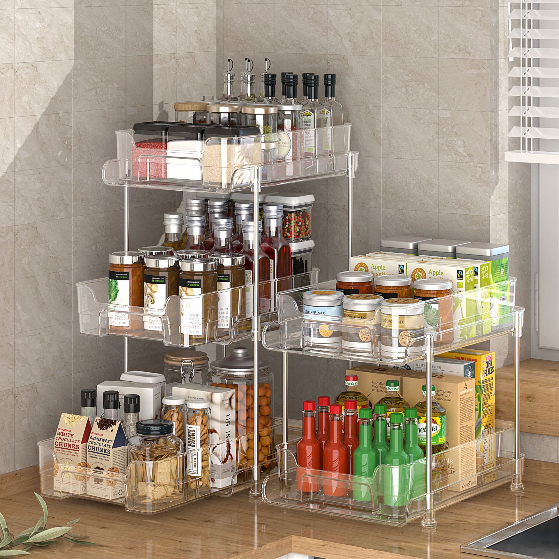 Transparente PET rack de almacenamiento de cosméticos de escritorio caja de almacenamiento de baño Baño Cocina multi-función de apilamiento rack de almacenamiento