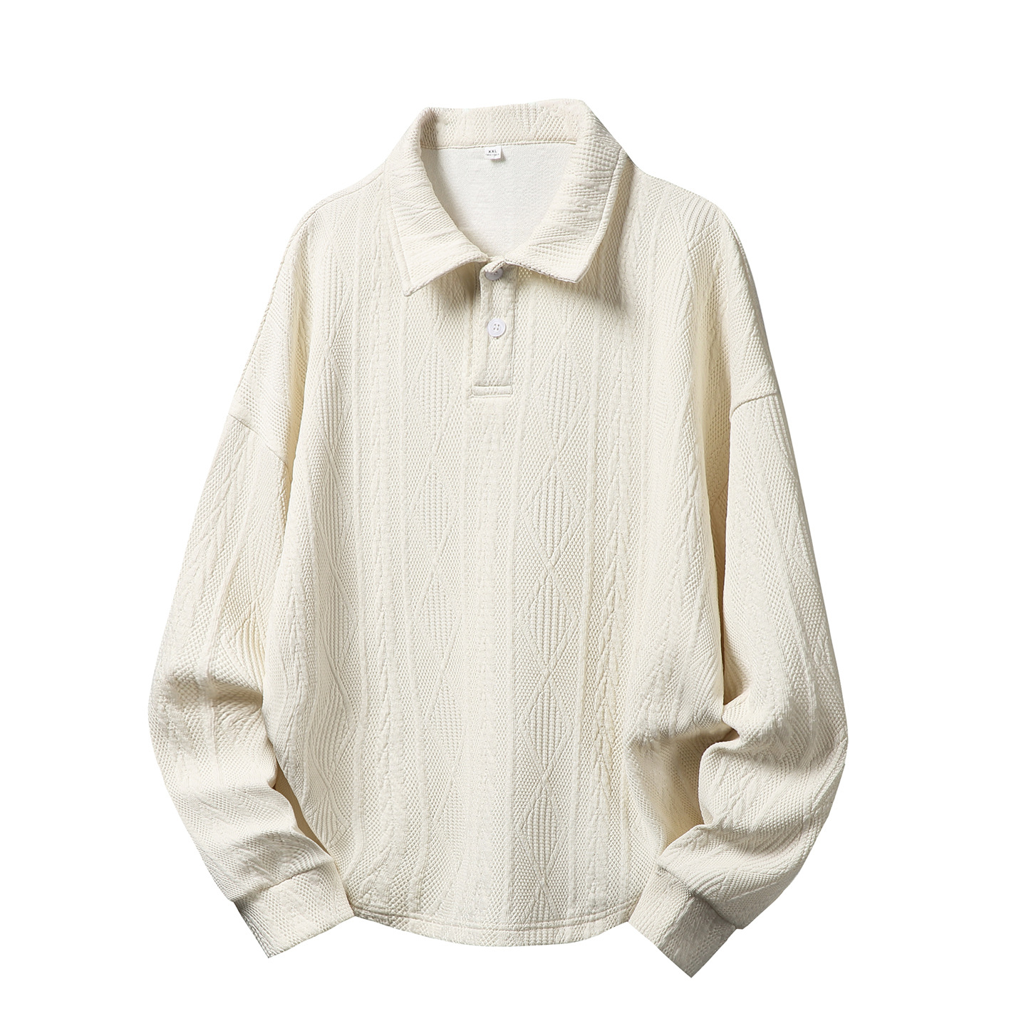 Heavyweight Textured Jacquard Polo Sweatshirt – Vintage-Inspired Unisex Long Sleeve Collared Pullover, Relaxed Fit Retro Ivy League Style_viptrois.com