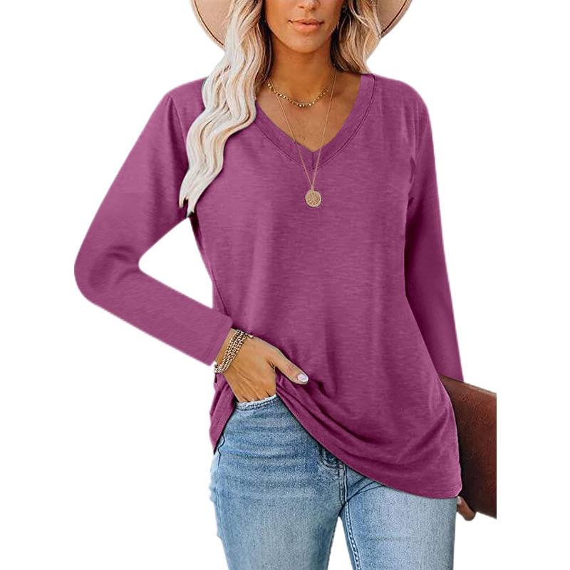 Women's T-shirt V-neck Loose Long Sleeved Solid Colour Top_voghion.com