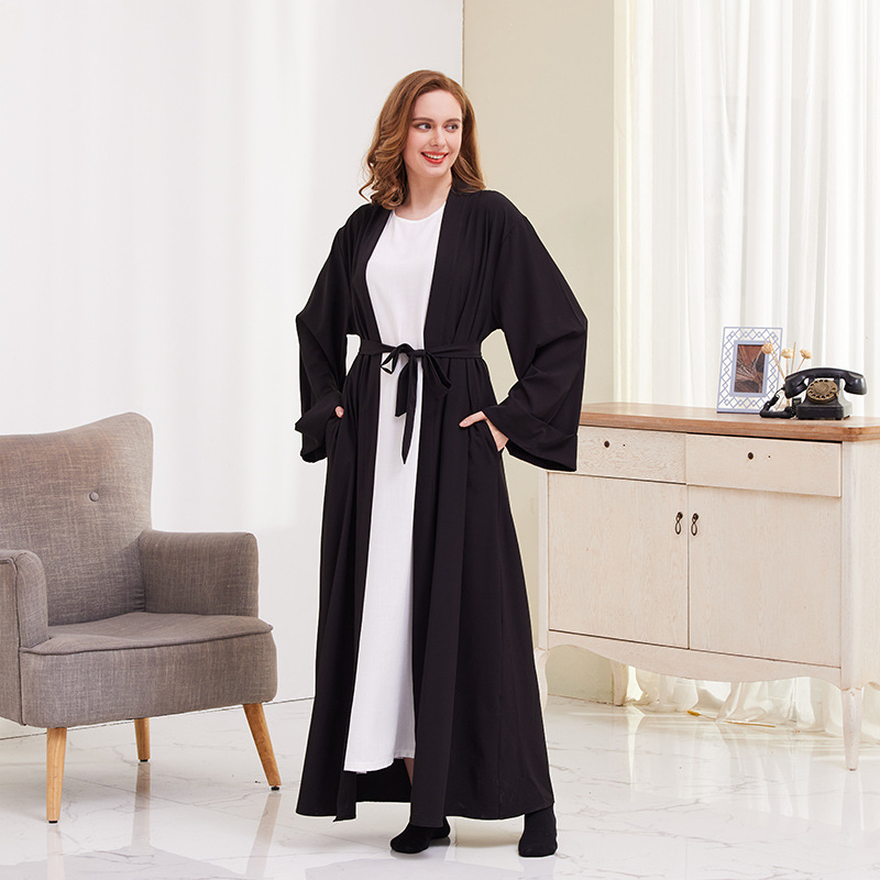 plus-size Clothing Middle East Dubai Arab Women's Solid Color Tie-up Cardigan Robe_voghion.com