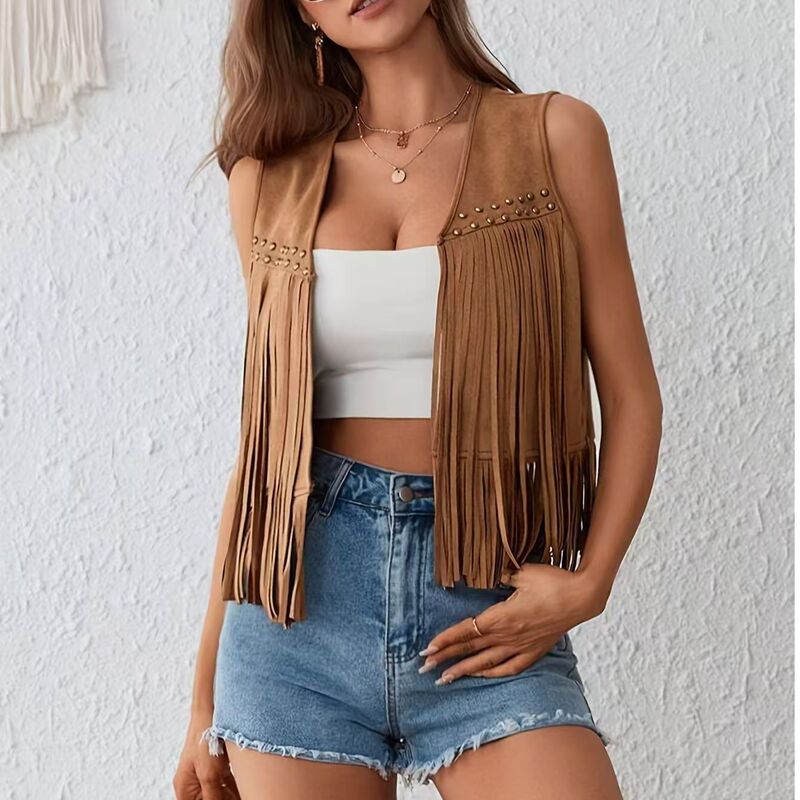 Stylish and Unique European and American Women's Tassel Sleeveless Vest for Commuting and Everyday Wear, Versatile 2026 Model Hippie Jacket Vest Stylish and Unique European and American Women's Tassel Sleeveless Vest for Commuting and Everyday Wear, Versatile 2026 Model Hippie Jacket Vest