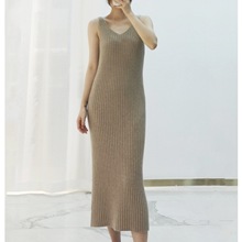 秋季新款V领气质韩版纯山羊绒无袖过膝长款坑条羊绒群吊带背心裙