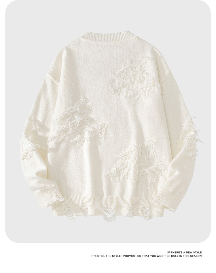 Men's Distressed Knit Sweater Oversized Round Neck Pullover Top_voghion.com