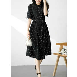 黑色印花雪纺连衣裙女夏季新款短袖高品质系带显瘦气质优雅衬衫裙