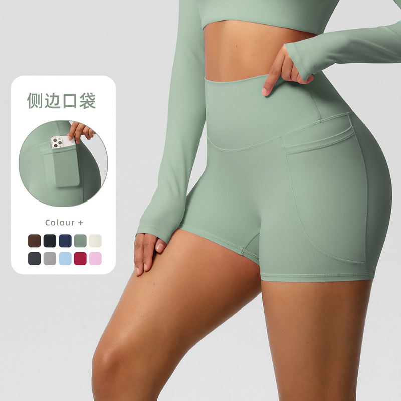 Cross-border Naked High Waist Yoga Shorts Quick-drying Breathable Tight Pocket Pants Outdoor Cycling Sports Running Fitness Pants