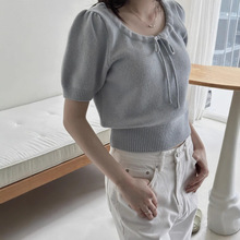 现货 韩国东大门女装粉色系带短款短袖针织衫2025泡泡袖休闲毛衣