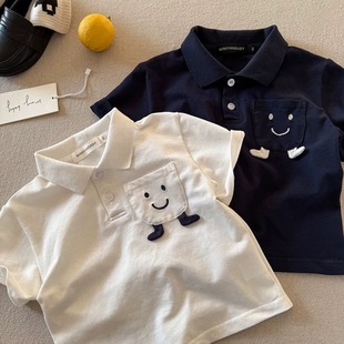 Children's Smiley Face Polo Shirt Boys 2025 Summer New Toddler Pocket Top Trendy Baby Short Sleeve T-Shirt Girls Thin Style t