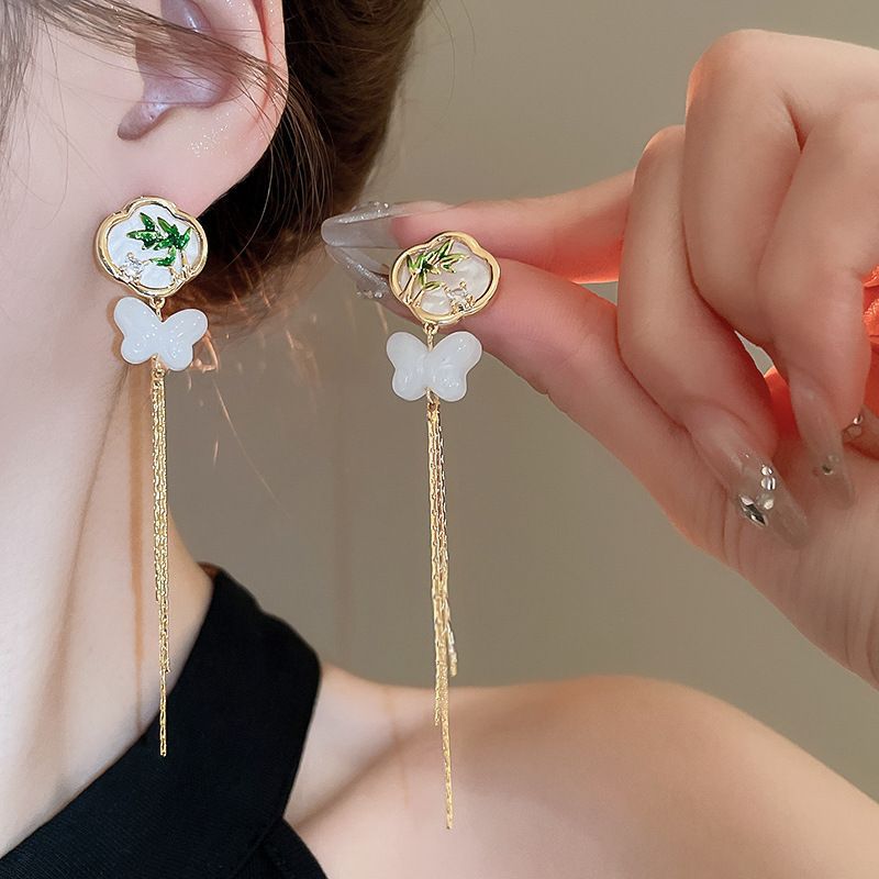 Aguja de plata Nuevos pendientes en forma de abanico de bambú de estilo chino Pendientes de mariposa de gota de agua de moda nacional Pendientes retro de todo fósforo Pendientes mujer