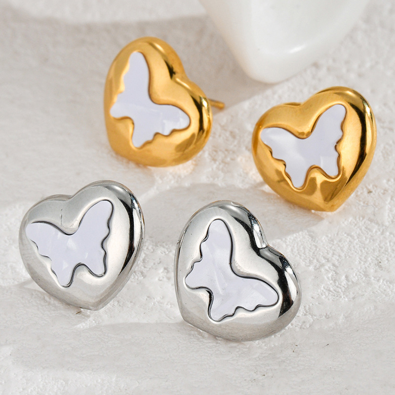 201 Stainless Steel Ear Needle Material 1 Pair Simple Style Heart Shape Inlay 304 Stainless Steel Pearl Ear Studs